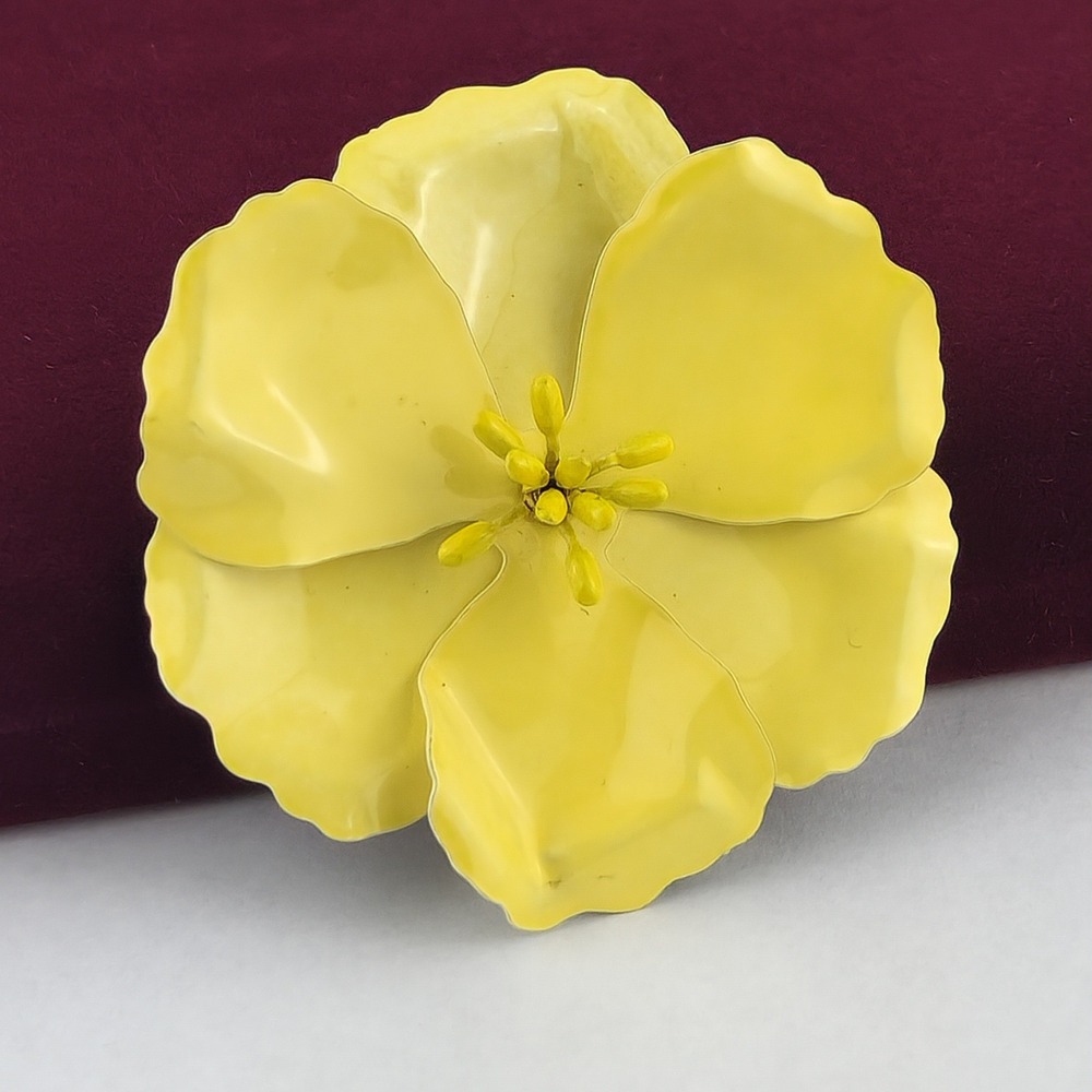 Vintage Yellow Enamel Flower Brooch Large Floral‎ Pin Mid Century Mod Jewelry